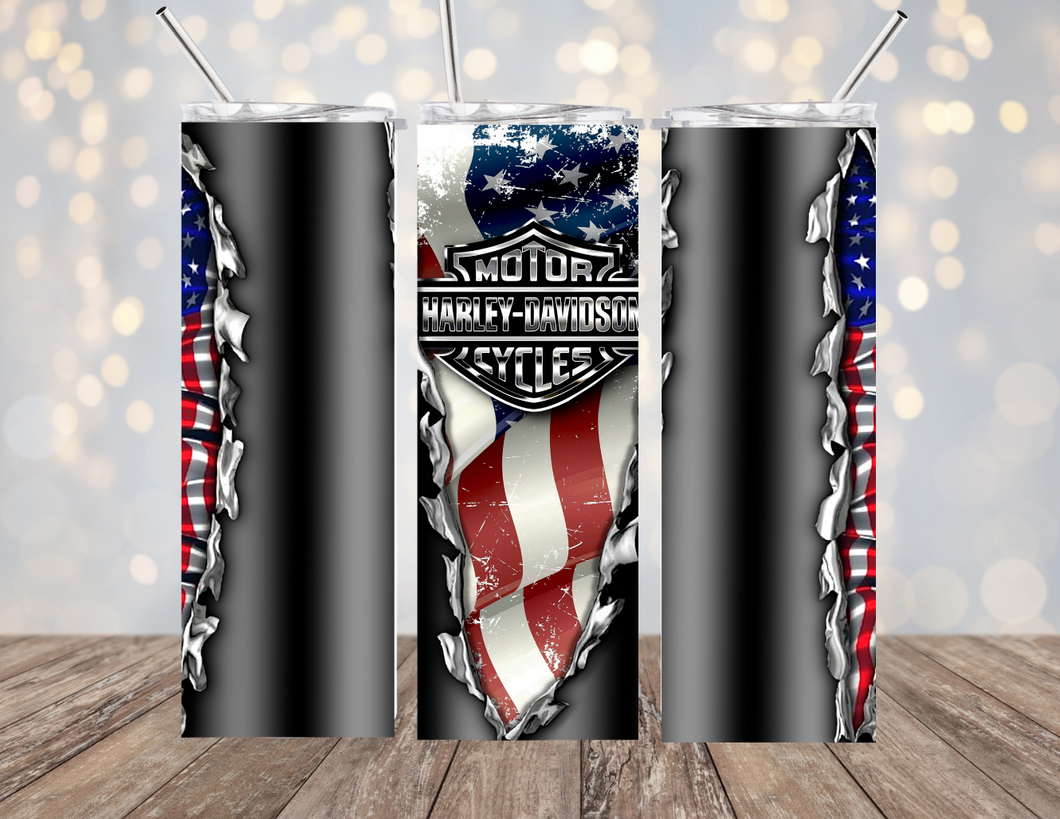 Ripped Metal American Flag Harley Davidson 20oz Skinny Tumbler!